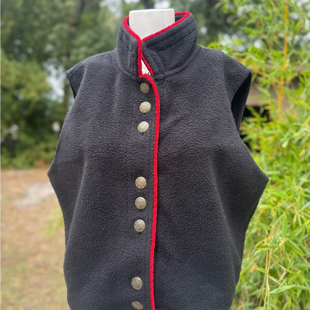 Country Living Black Fleece Vest with Red Trim and Button Accents